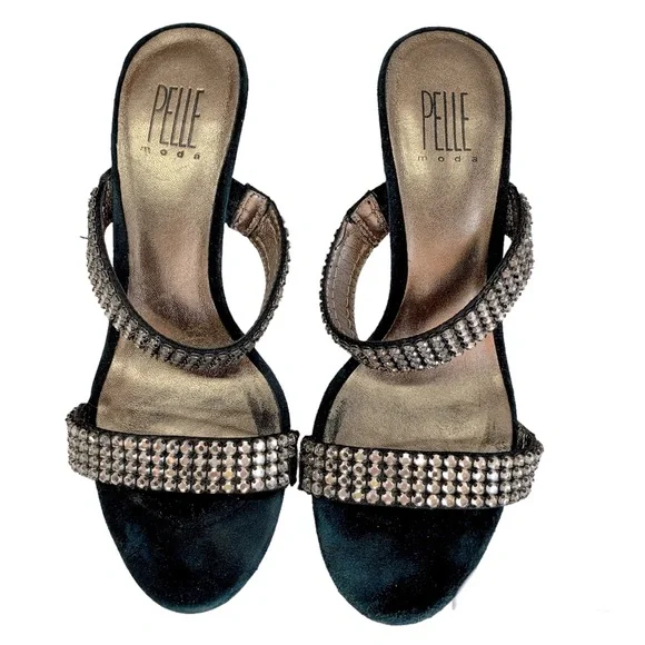 Black Suede Dressy Formal Sexy High Heel Leather Sandals Rhinestone Size 7.5 EUC - Picture 2 of 6